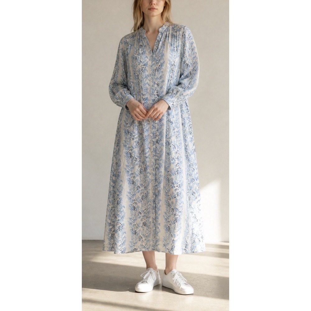 Parterre Layne Dress Sz 6 Blue White Block Print Floral Midi Coastal Modest